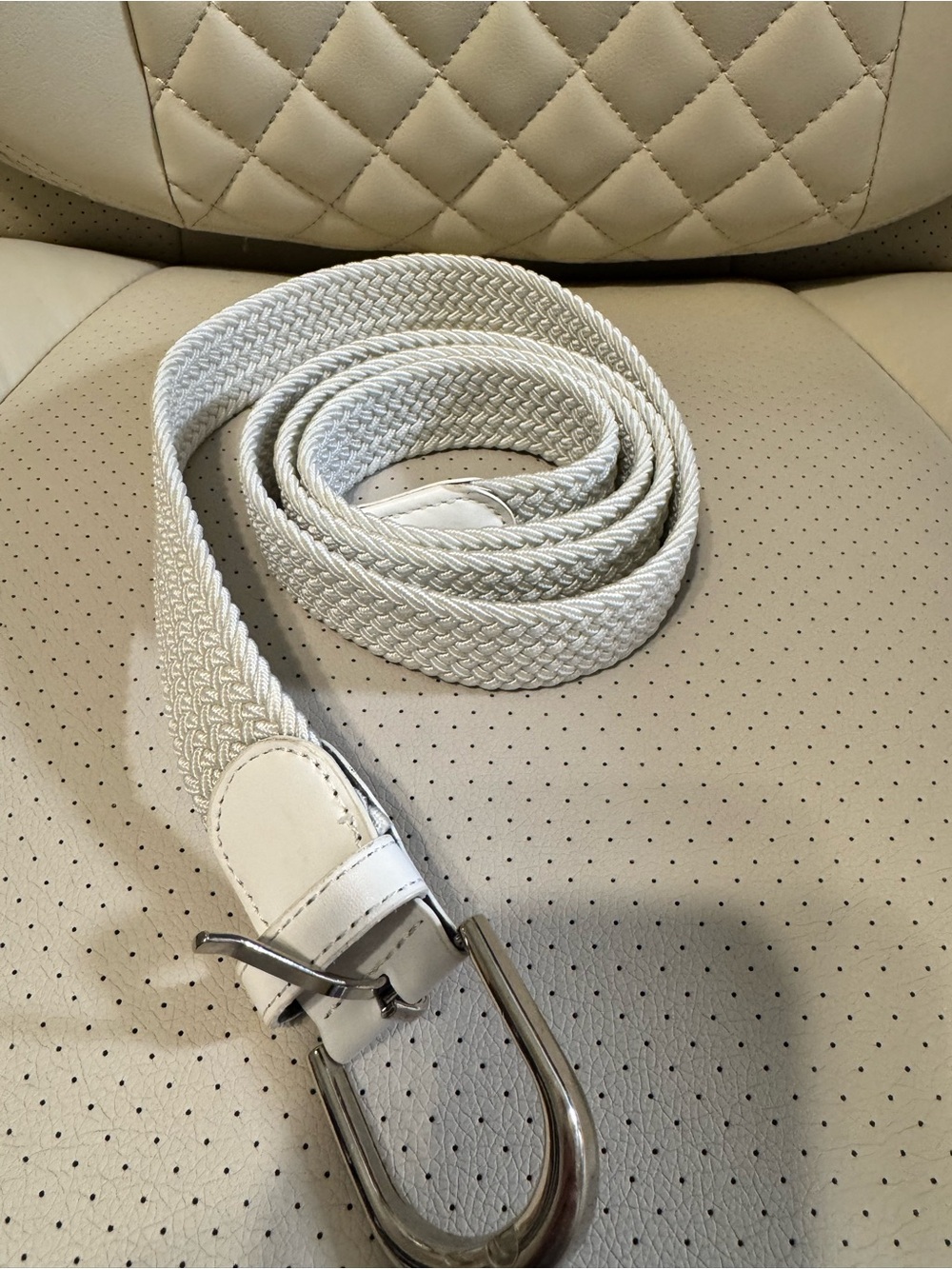 White Braided Stretch Belt Silver Buckle 53”